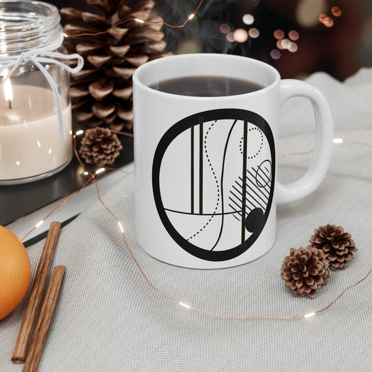 Abstract Oval Mug | 11oz Ceramic Coffee Mug | Black & White Line Art with Architectural Flair
