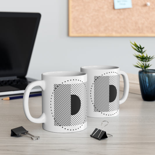 Monochrome Stripe & Dot Mug | 11oz Ceramic Coffee Mug | Bold Black & White Geometric Design