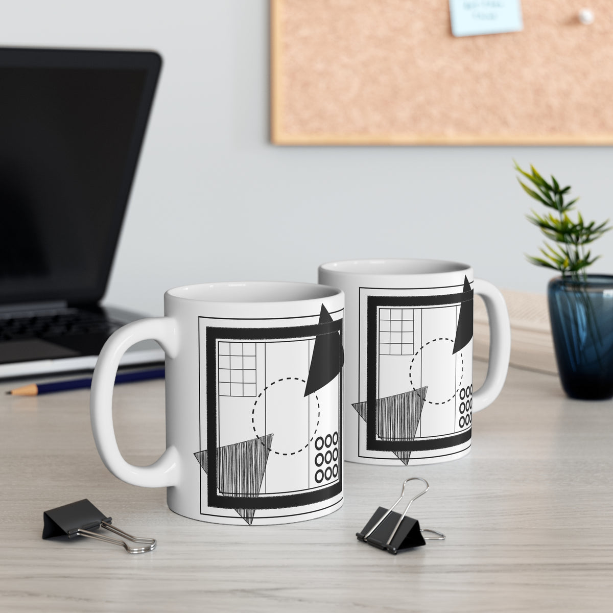 Architect’s Blueprint Mug | 11oz Ceramic Coffee Mug | Black & White Geometric Grid & Shape Design