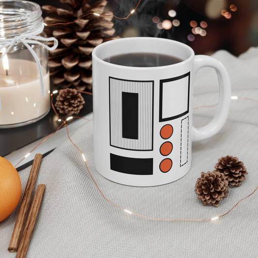 Modern Dot & Frame Mug | 11oz Ceramic Coffee Mug | Minimalist Abstract Design in Black & Orange
