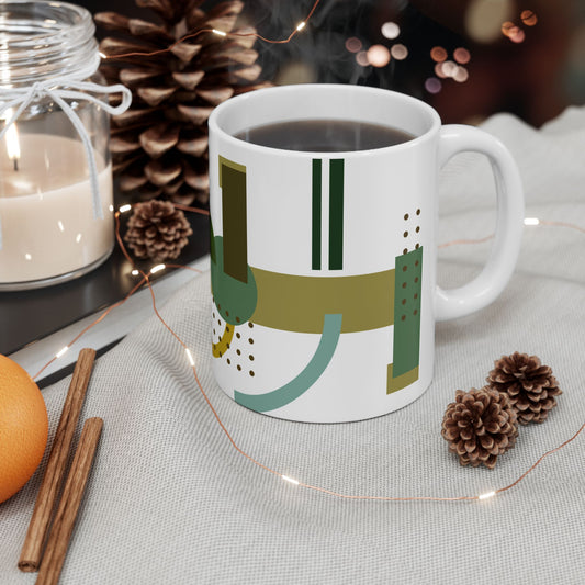 Dynamic Geometric Abstract Coffee Mug | Earthy Green & Gold Art Mug | Modern Curated Kitchenware | 11 oz Mug
