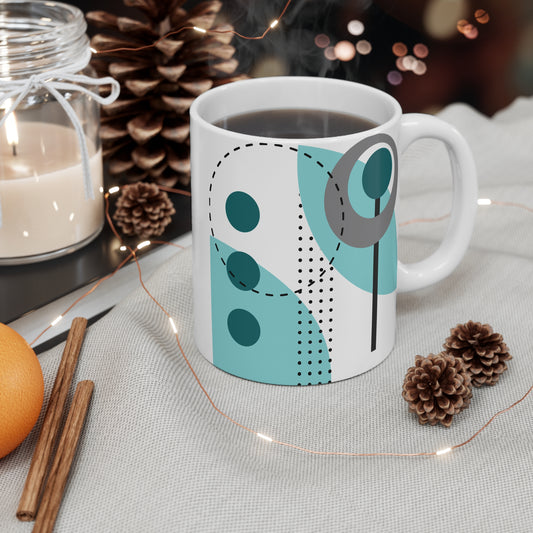 Abstract Botanical Geometry Mug – Teal, Blue & Gray Modern Art