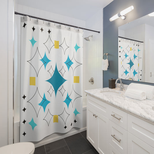 Retro Starburst Shower Curtain – Teal, Yellow & Black Mid-Century Pop