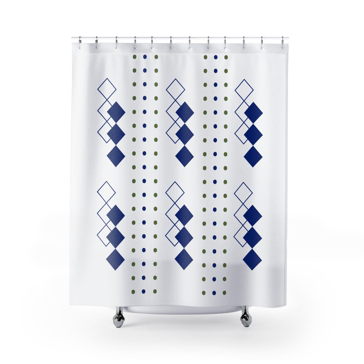 Geometric Column Shower Curtain – Navy Blue & Olive Dotted Diamond Pattern