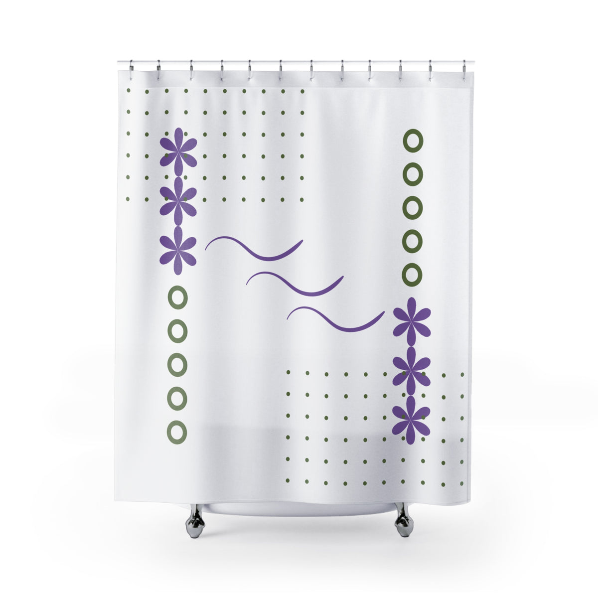 Whimsical Floral Wave Shower Curtain – Lavender & Olive on Black
