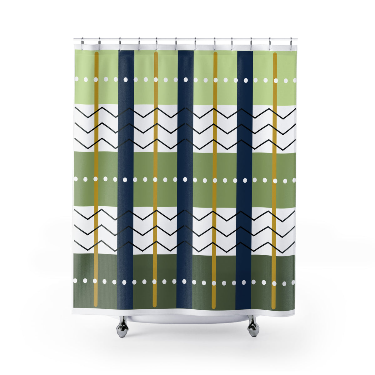 Modern Plaid-Inspired Shower Curtain – Navy, Olive & Gold Striped Grid