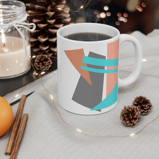Abstract Geometric Mug – Modern Art in Peach, Gray & Cyan