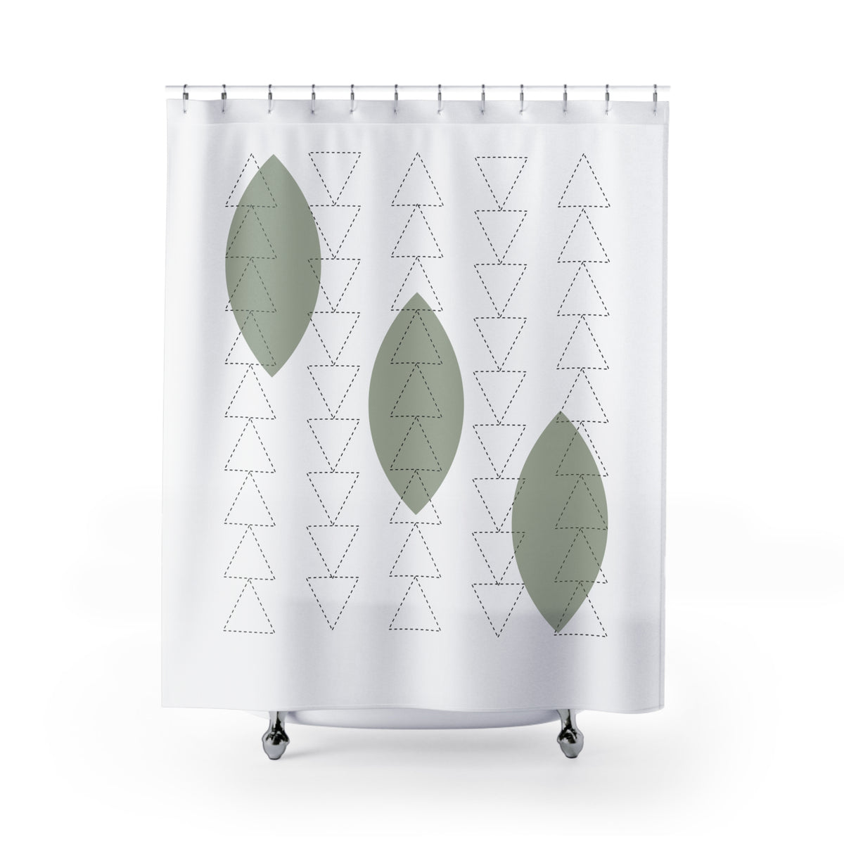 Minimalist Botanical Shower Curtain – Olive Green Leaves & Triangle Texture