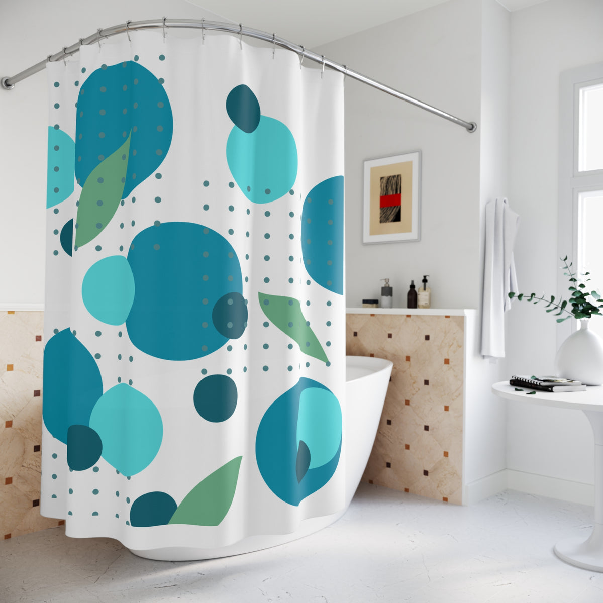Playful Aqua Bubble Shower Curtain – Teal, Mint & Leafy Dot Pattern