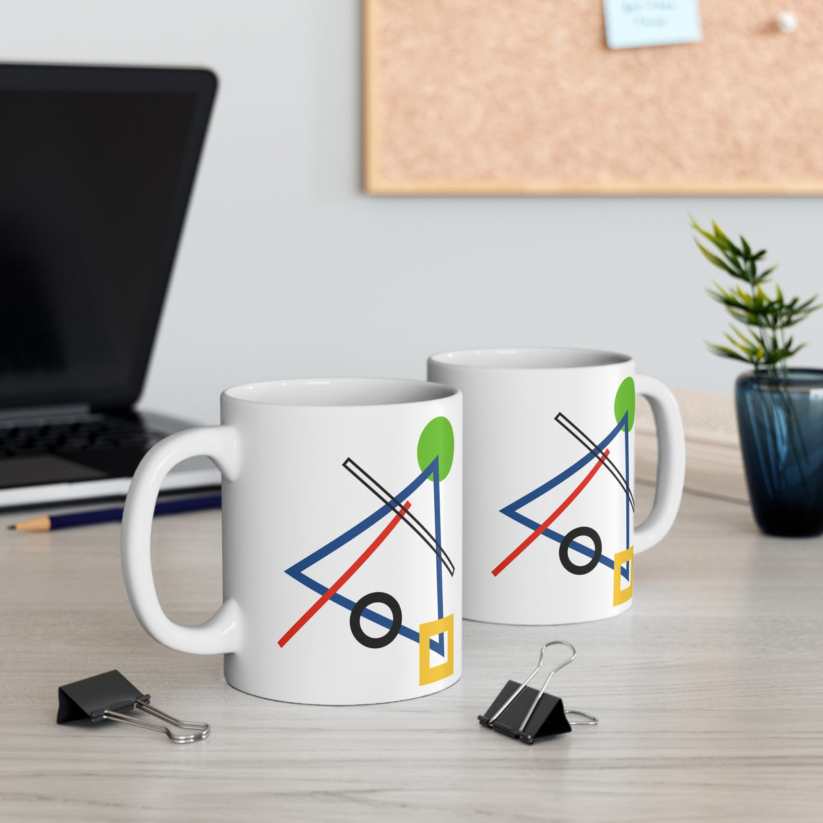 Geometric Play Mug – Blue, Green & Yellow Abstract Triangle Design