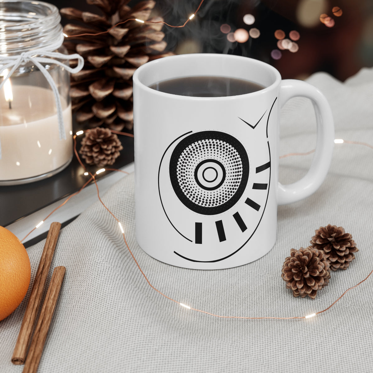 Halftone Circle Mug | 11oz Ceramic Coffee Mug | Bold Black Abstract Dot Pattern