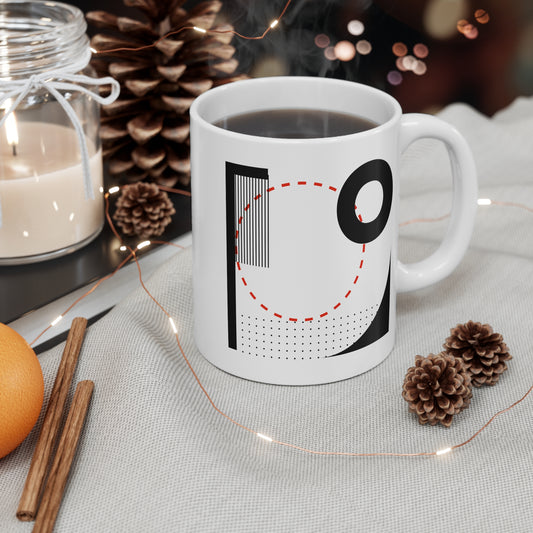 Red Dotted Circle Mug | 11oz Ceramic Coffee Mug | Bold Black & Red Abstract Minimalist Design