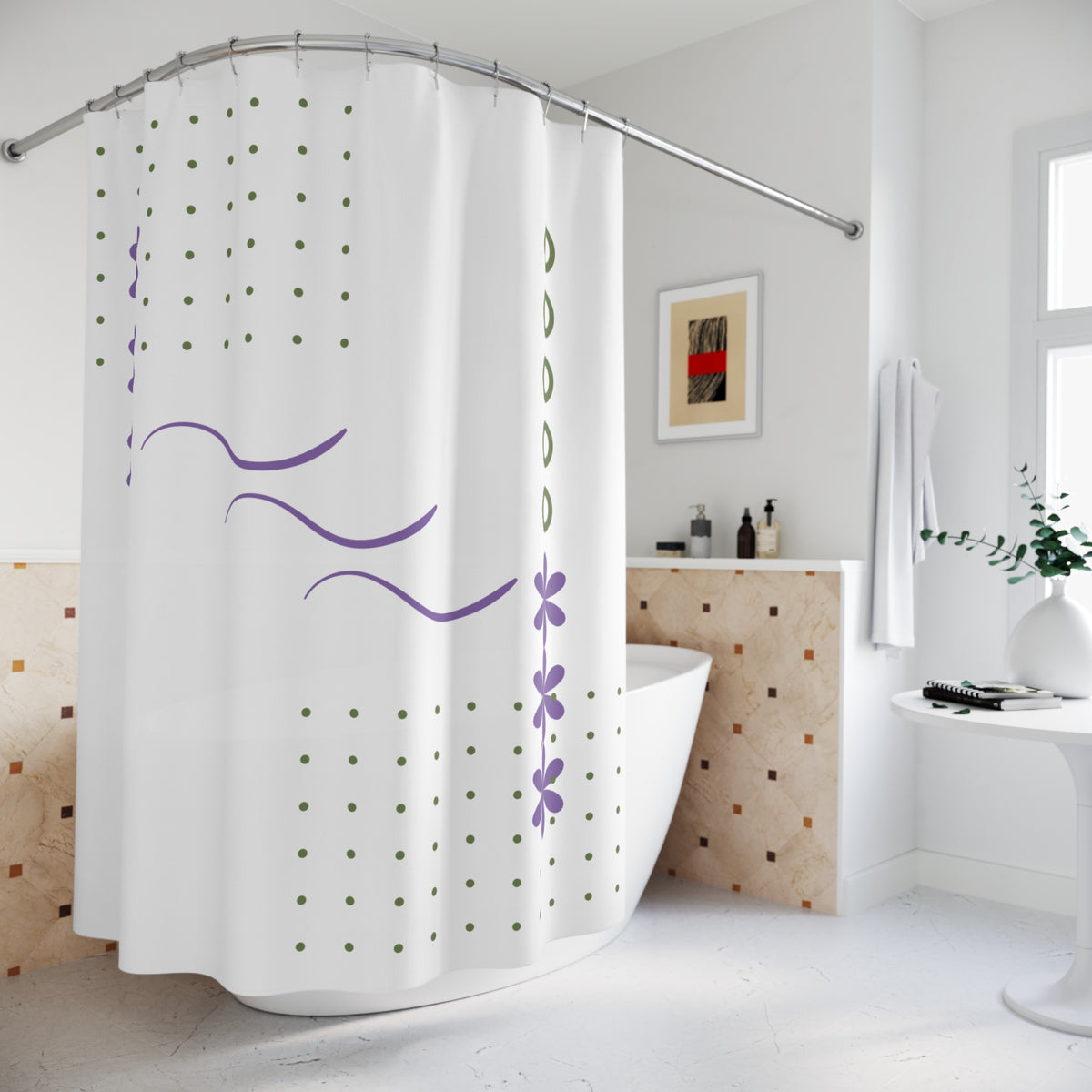 Whimsical Floral Wave Shower Curtain – Lavender & Olive on Black