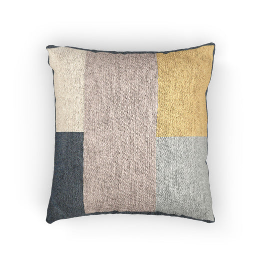 Grid Composition Throw Pillow – Neutral Palette with Mustard Accent