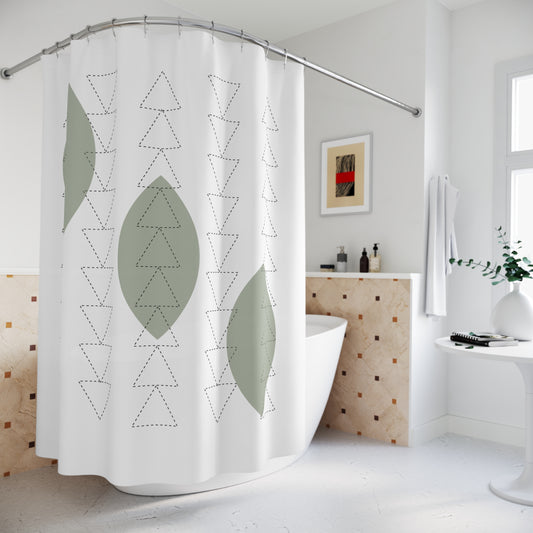 Minimalist Botanical Shower Curtain – Olive Green Leaves & Triangle Texture