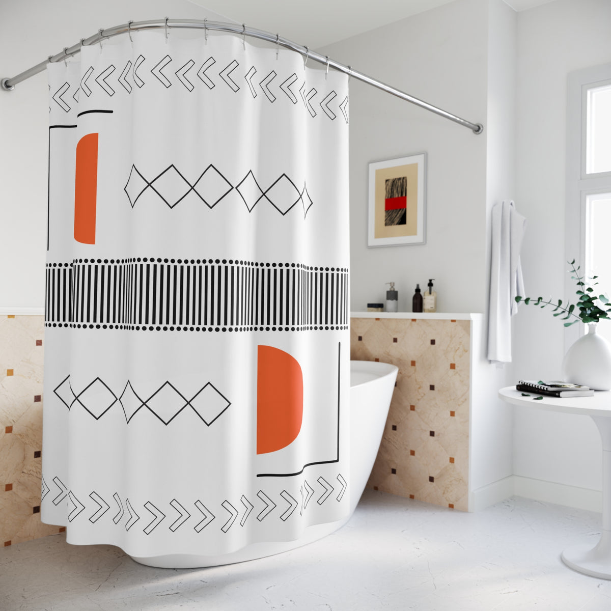 Minimalist Orange & Black Shower Curtain – Abstract Geometric Flow