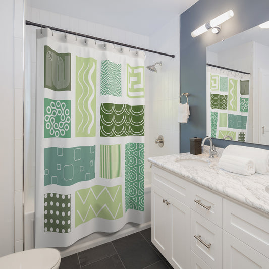 Mint & Olive Green Patchwork Shower Curtain – Modern Botanical Geometrics