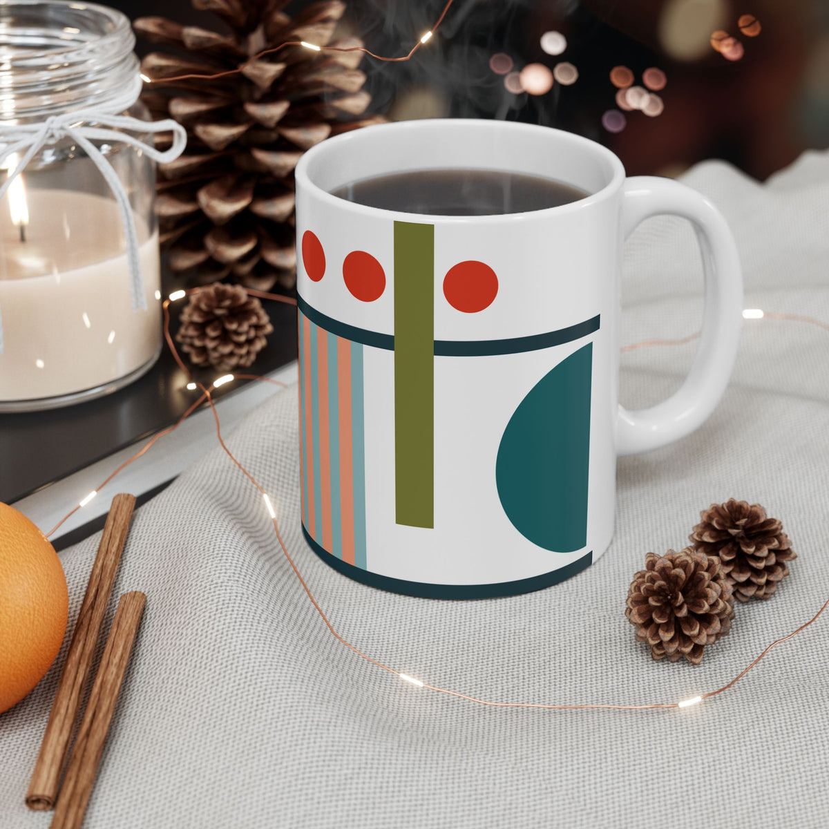 Bold Geometry Mug – Circles & Stripes in Mustard & Teal | 11 oz Mug
