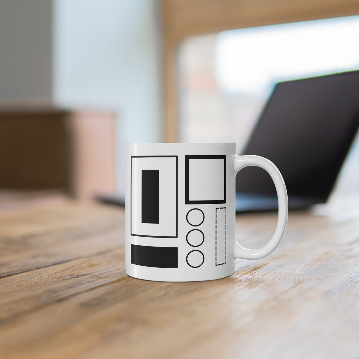 Modern Minimalist Mug | 11oz Ceramic Coffee Mug | Black & White Abstract Rectangle Design