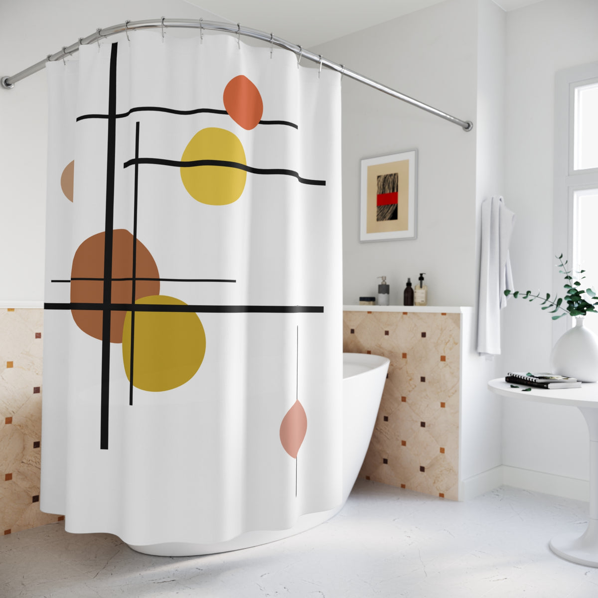 Minimalist Grid & Circles Shower Curtain – Bold Modern Accent