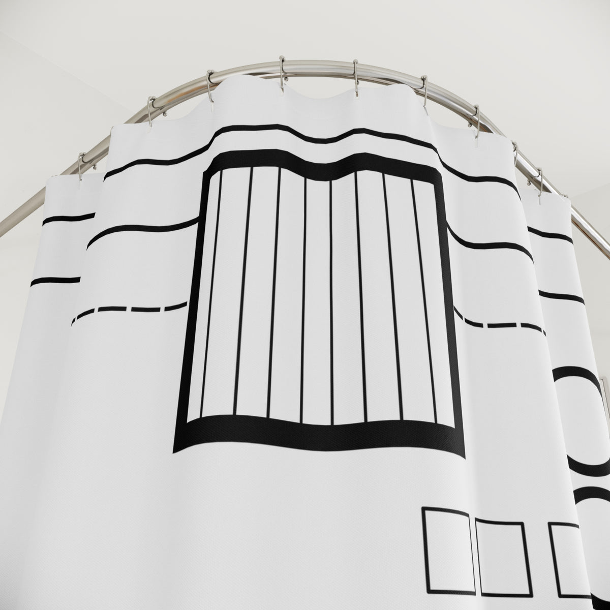 Minimalist Geometric Shower Curtain – Wavy Circle & Bar Grid Design
