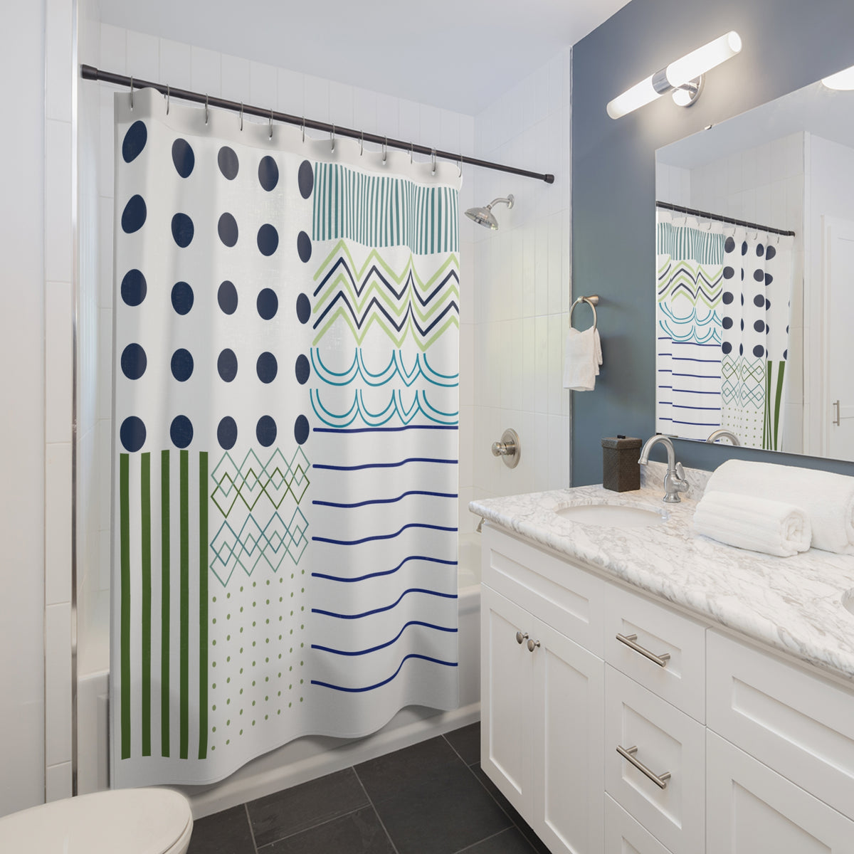 Bold Pattern Block Shower Curtain – Navy, Olive & Teal Abstract Grid