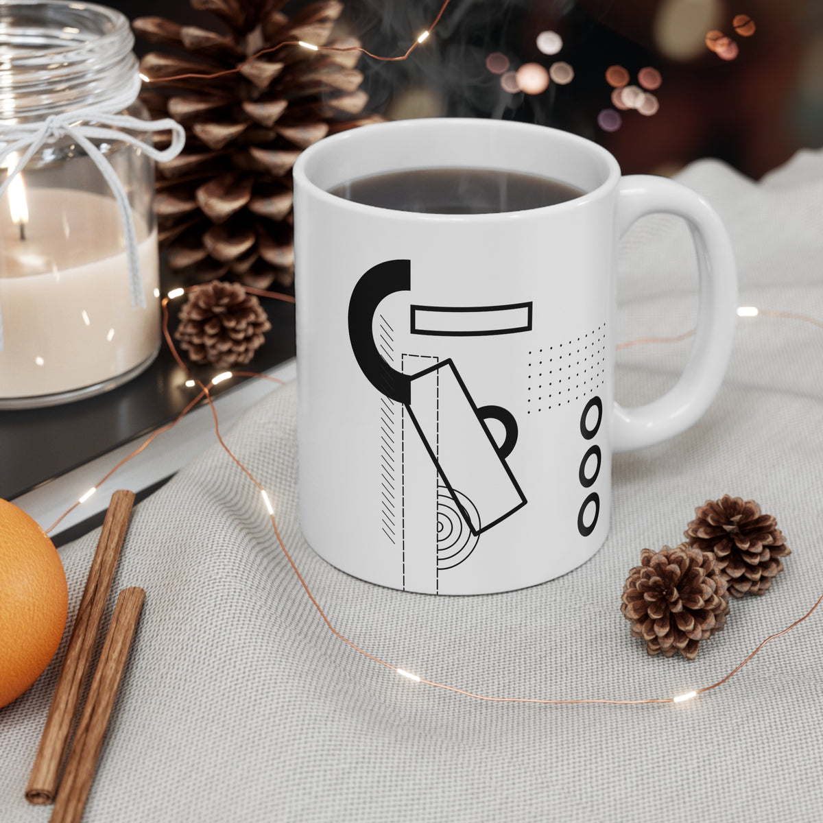 Diagonal Stripe Accent Mug | 11oz Ceramic Coffee Mug | Black & White Minimalist Architectural Design