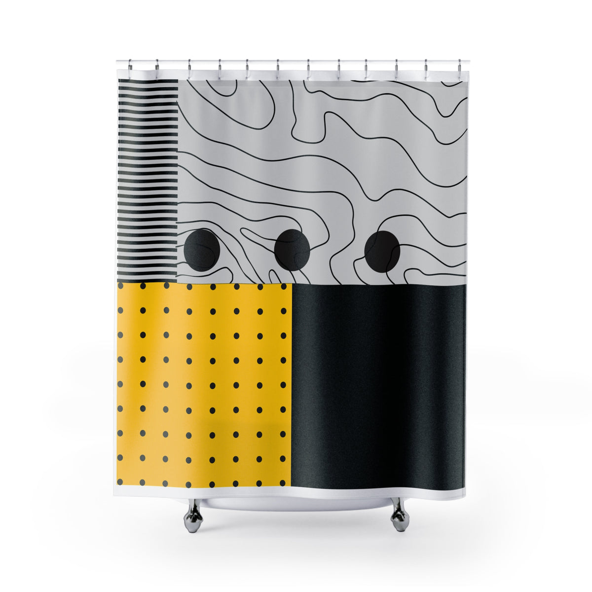 Modern Memphis-Style Shower Curtain – Yellow, Gray & Black Graphic Blocks