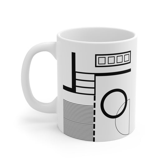 Geometric Minimalist Mug | 11oz Ceramic Coffee Mug | Black & White Square Grid Abstract Design