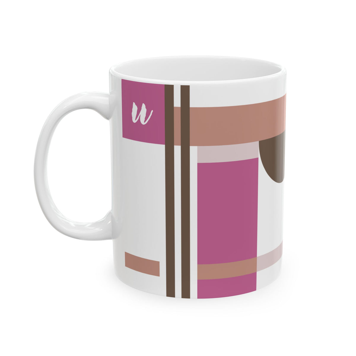 "U" Geometric Monogram Mug – Mod Pink & Taupe Bauhaus Design | 11 oz Mug