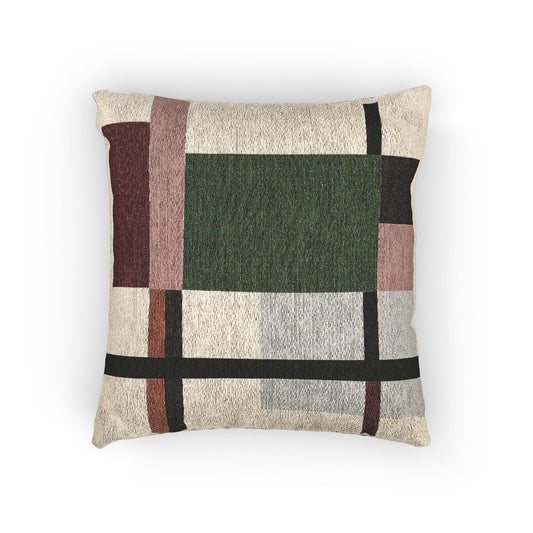 “Soft Grid” – Abstract Throw Pillow in Red, Gray & Beige