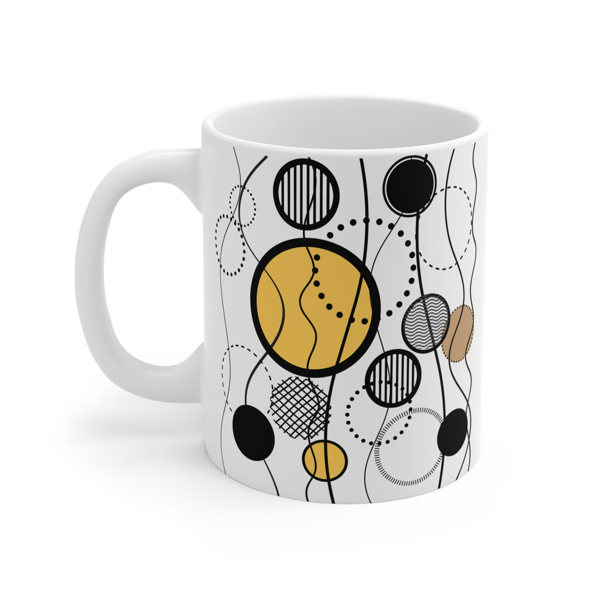 Orbit & Flow Mug | 11oz Ceramic Coffee Mug | Colorful Abstract Circles & Line Art Design