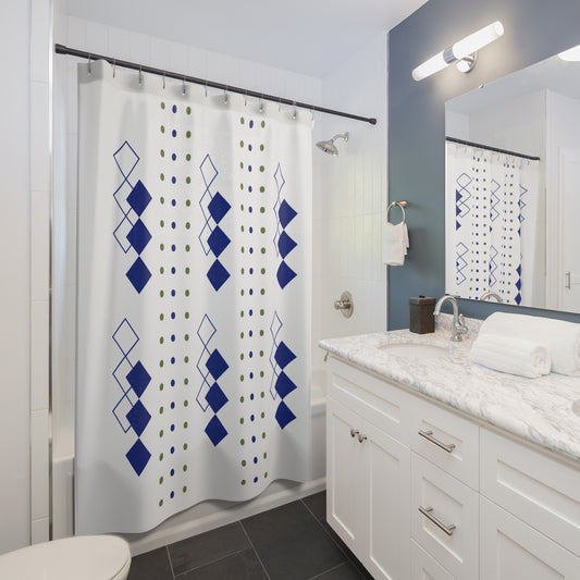 Geometric Column Shower Curtain – Navy Blue & Olive Dotted Diamond Pattern