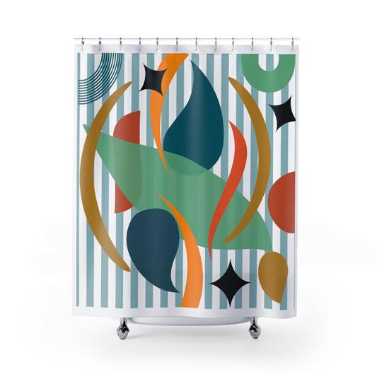 Maximalist Abstract Shower Curtain – Colorful Organic Chaos Over Stripes