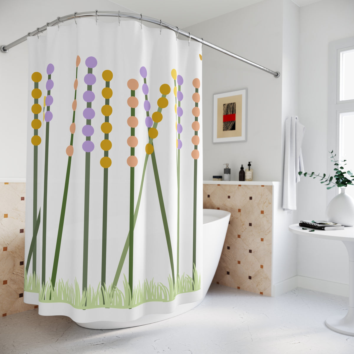 Wildflower Meadow Shower Curtain – Pastel Dot Blossoms on Black