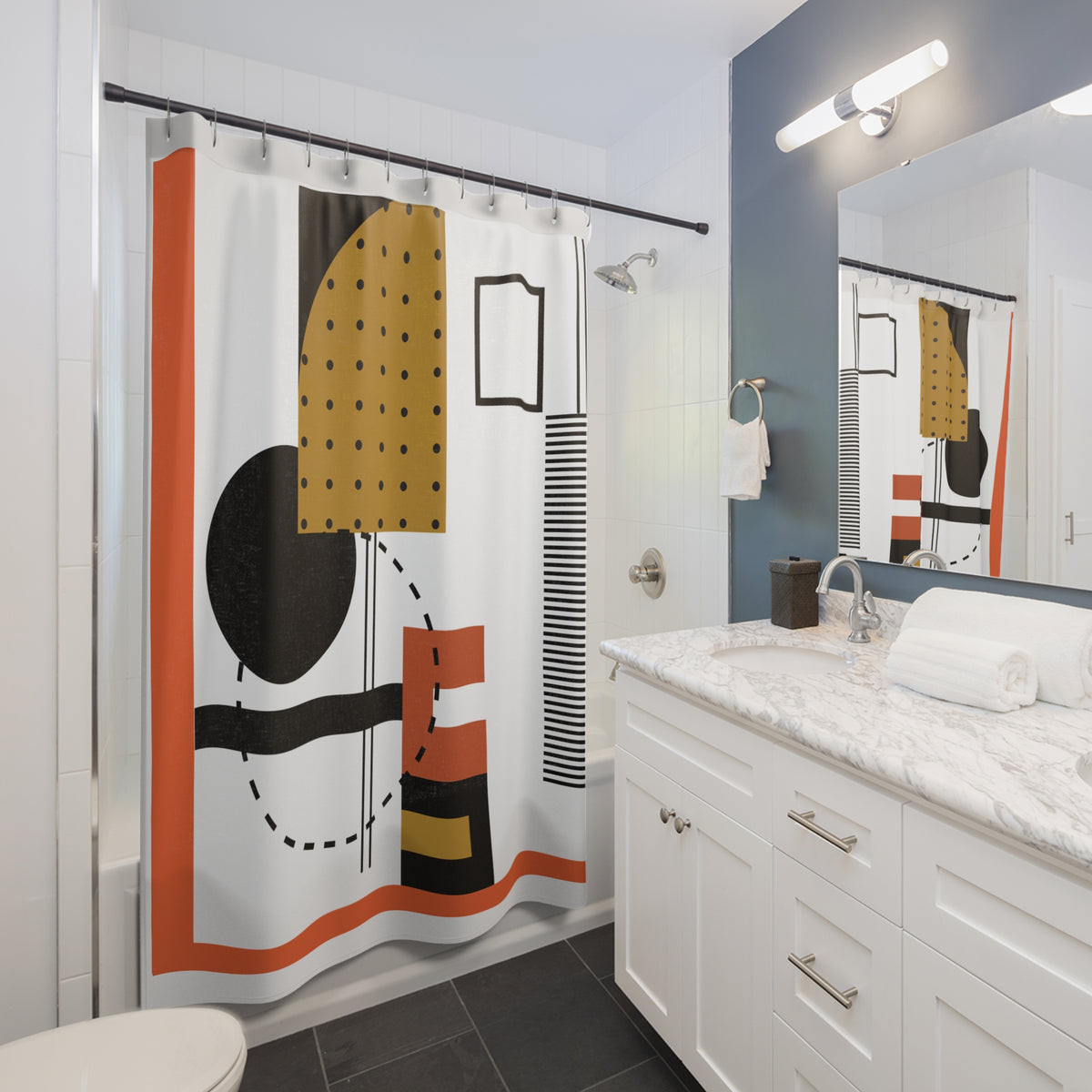 Modern Abstract Block Shower Curtain – Terracotta, Mustard & Black Geometry