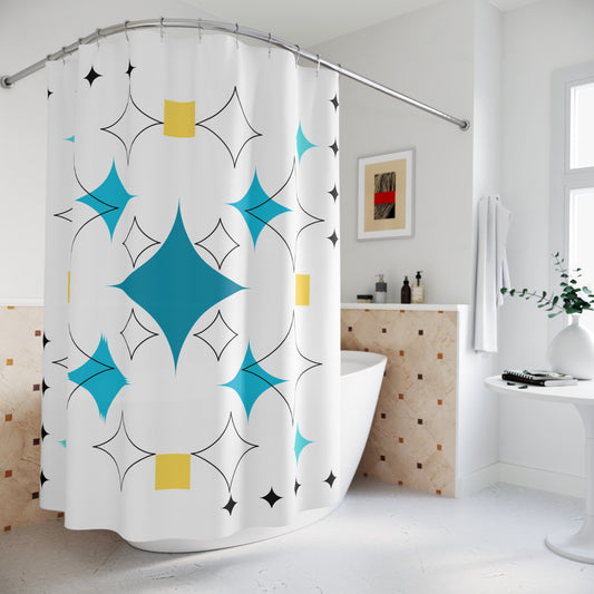 Retro Starburst Shower Curtain – Teal, Yellow & Black Mid-Century Pop