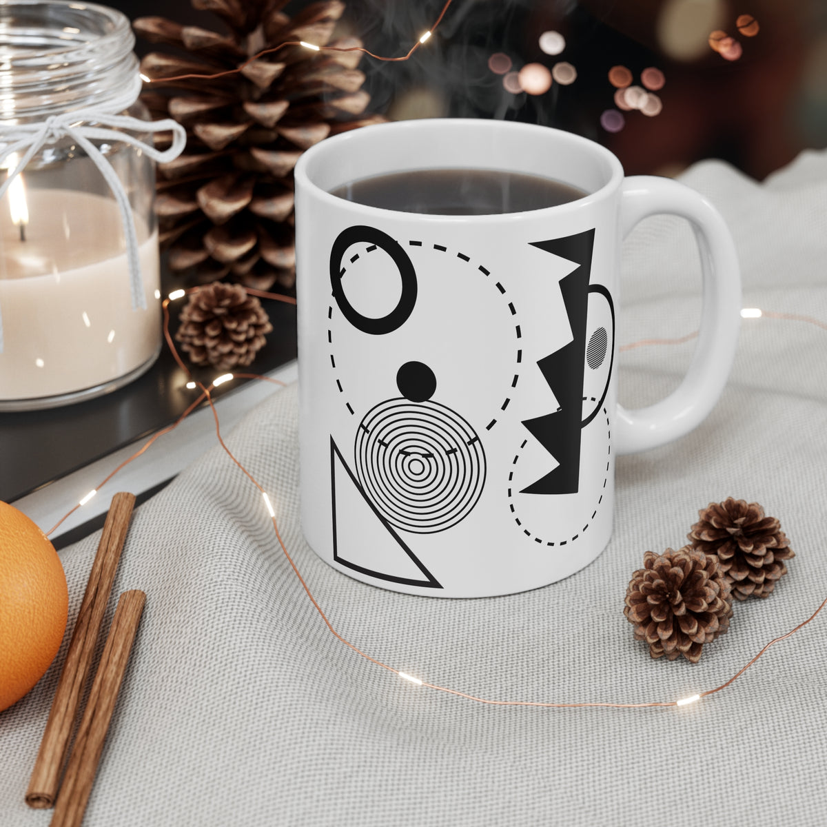 Playful Abstract Shapes Mug | 11oz Ceramic Coffee Mug | Black & White Modern Geometric Design