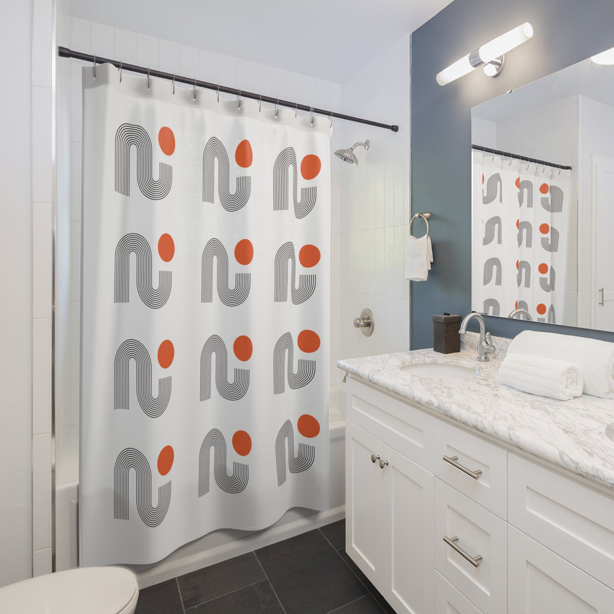 Retro Modern Pattern Shower Curtain – Black & Orange Minimal Repeat