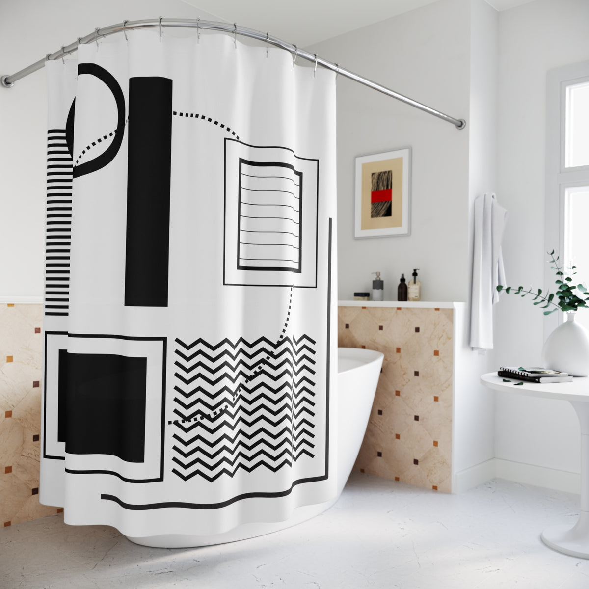 Architectural Geometric Shower Curtain – White Frame Pattern on Black