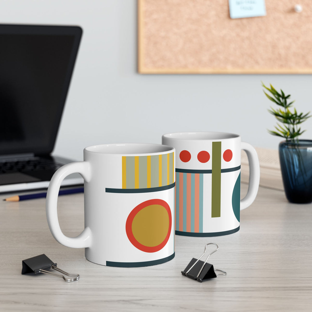Bold Geometry Mug – Circles & Stripes in Mustard & Teal | 11 oz Mug