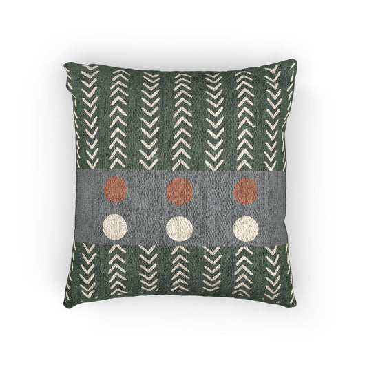 Chevron Orbit Throw Pillow – Orange & White Circles on Graphic Gray Band