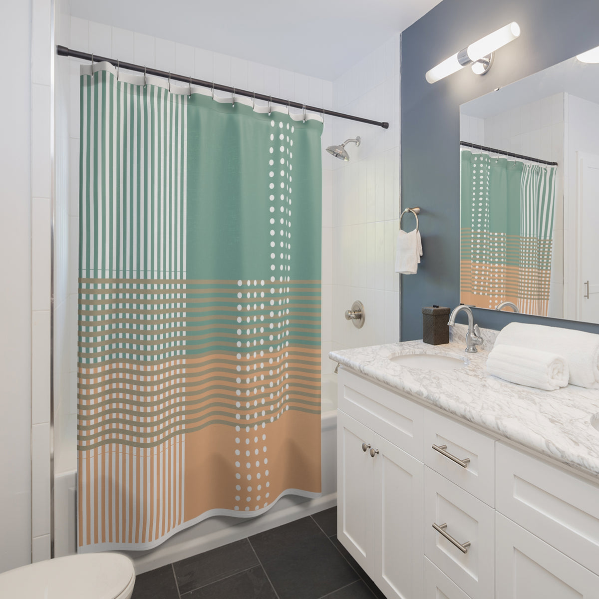 Modern Grid Art Shower Curtain – Sage Green, Peach & White Overlay