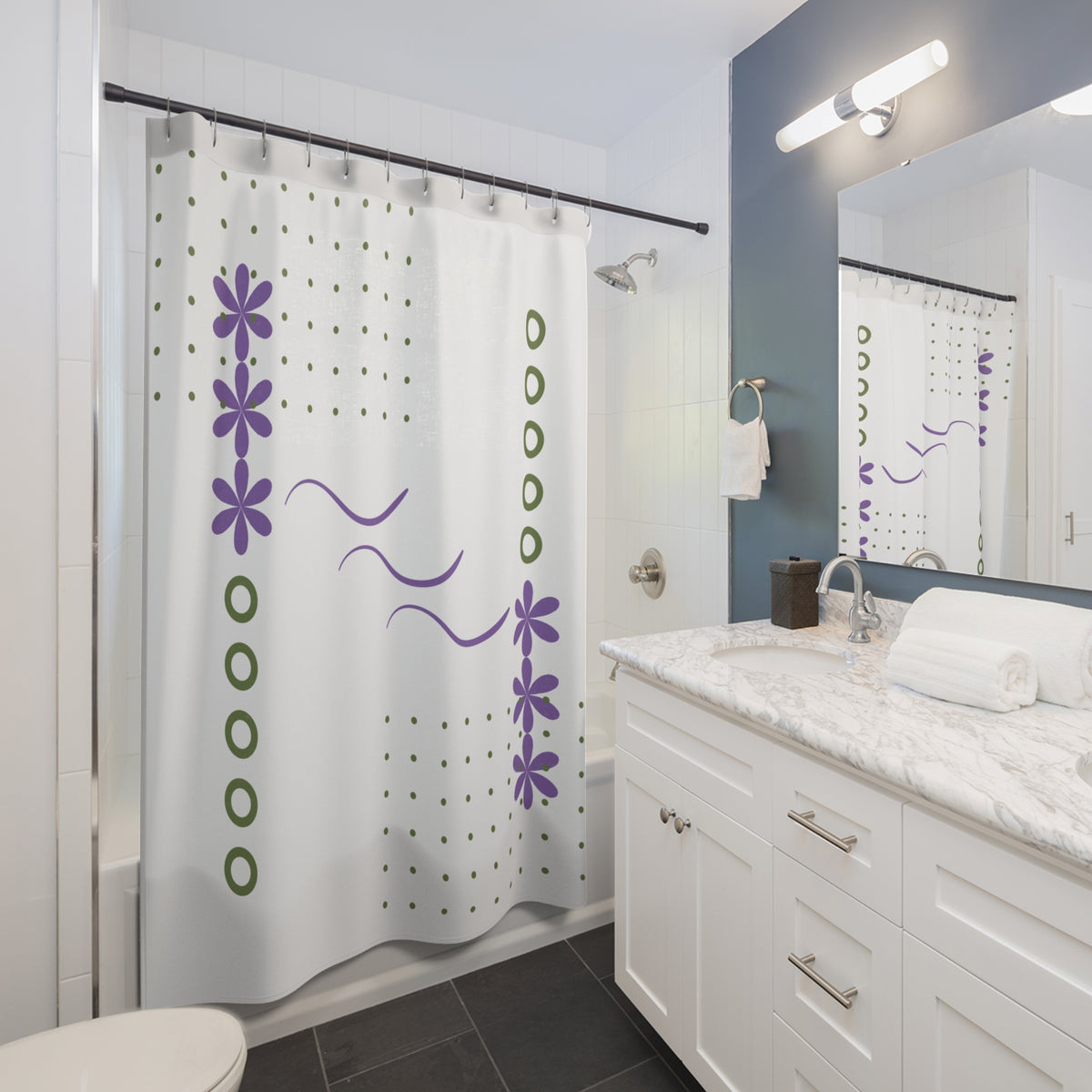 Whimsical Floral Wave Shower Curtain – Lavender & Olive on Black