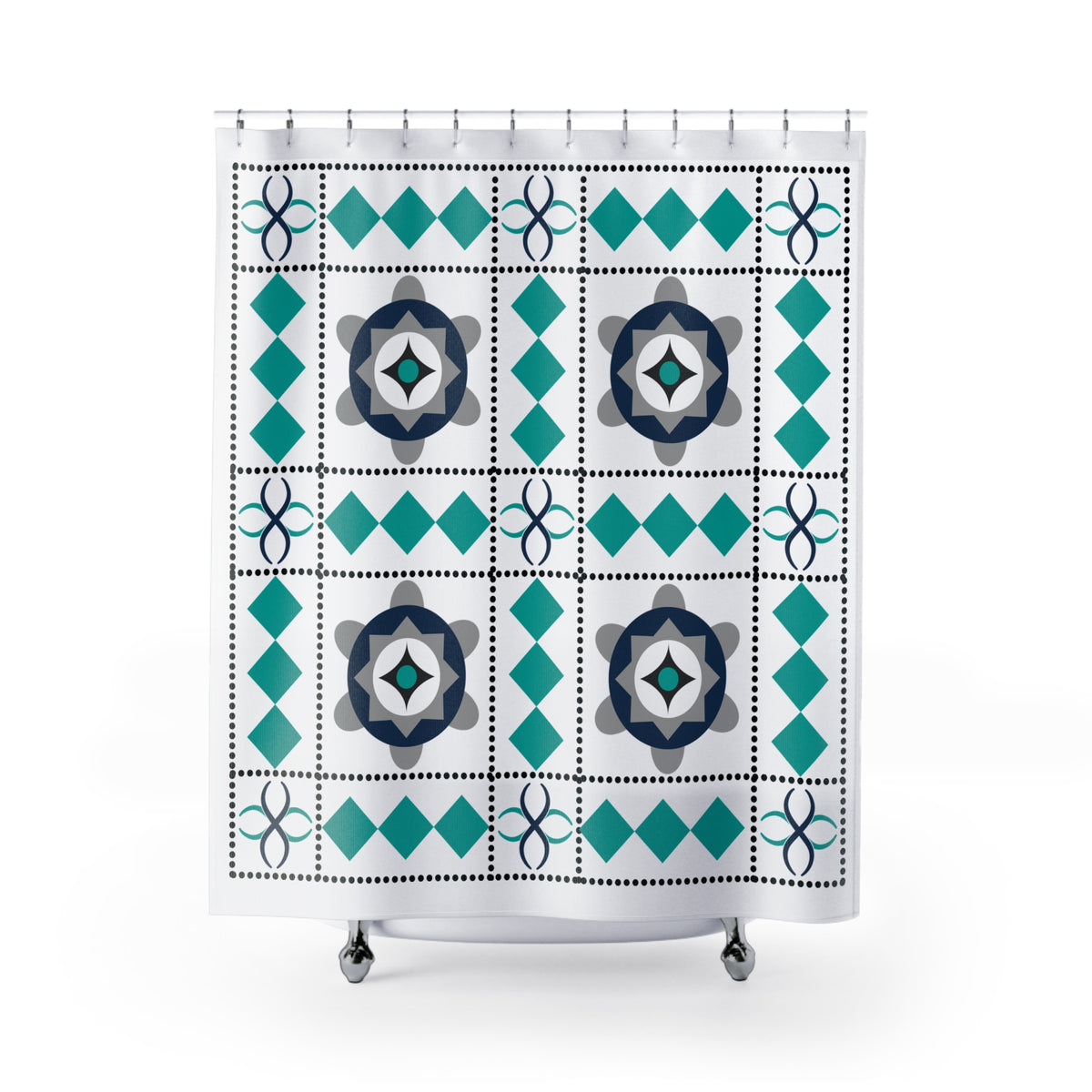 Geometric Floral Tile Shower Curtain – Teal, Navy & Gray Pattern