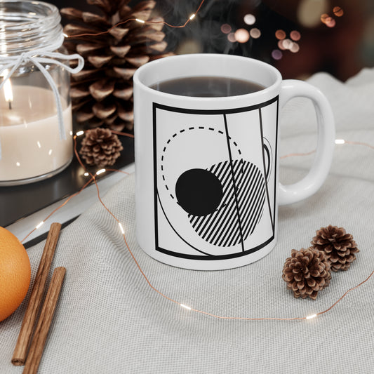 Abstract Line Art Mug | 11oz Ceramic Coffee Mug | Black & White Modern Geometric Design