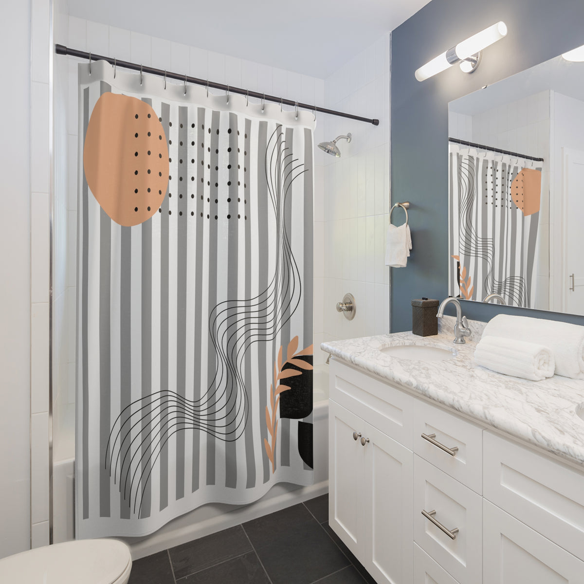 Abstract Neutral Botanical Shower Curtain – Stripes, Dots & Peach Accents