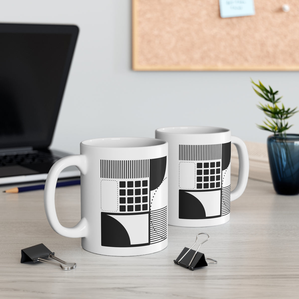 Architectural Line Stack Mug | 11oz Ceramic Coffee Mug | Minimalist Black & White Abstract Design