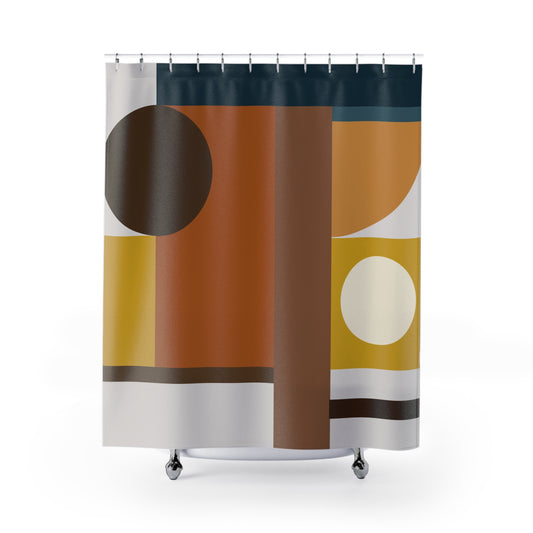 Warm Geometric Block Shower Curtain | Terracotta & Mustard Art Decor | Mid-Century Modern Bathroom