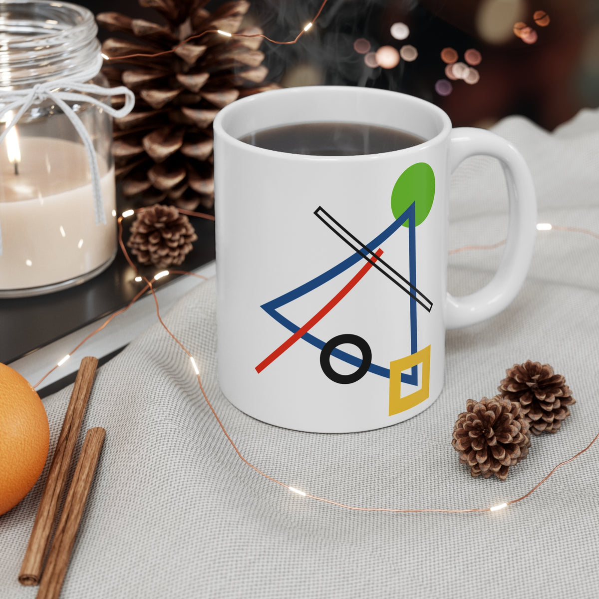Geometric Play Mug – Blue, Green & Yellow Abstract Triangle Design
